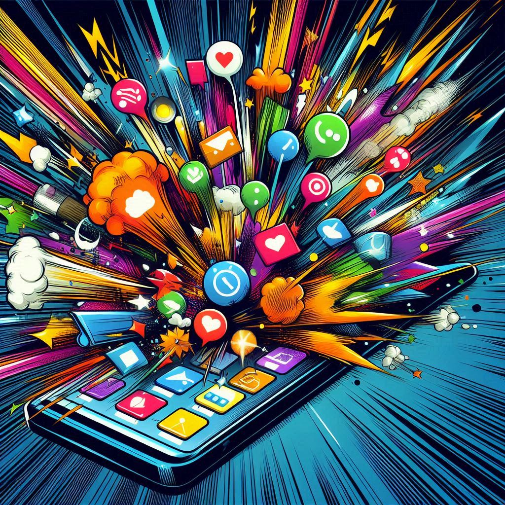 An emotional explosion of alerts, hearts, and messages bursts from a smartphone screen—symbolizing the overwhelming rush of real-time updates and digital urgency.