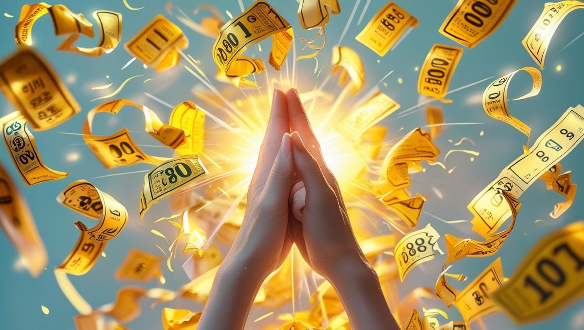 A pair of hands clasped in hope as golden lottery tickets explode in a radiant burst of destiny and anticipation – the emotional peak of chasing a once-in-a-lifetime chance.