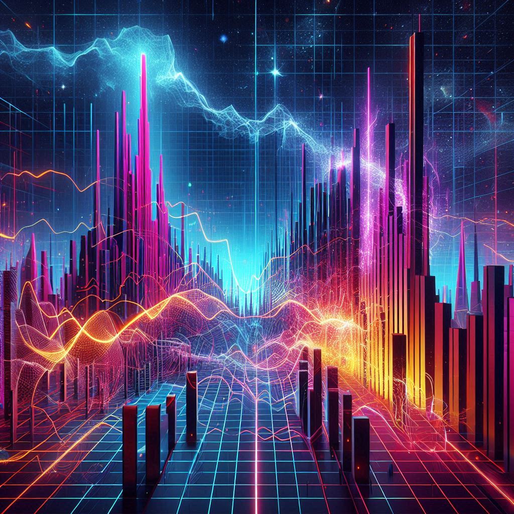 An electrifying digital storm of data spikes and neon lightning, symbolizing the chaos and thrill of battling 100x lottery odds for a dream console