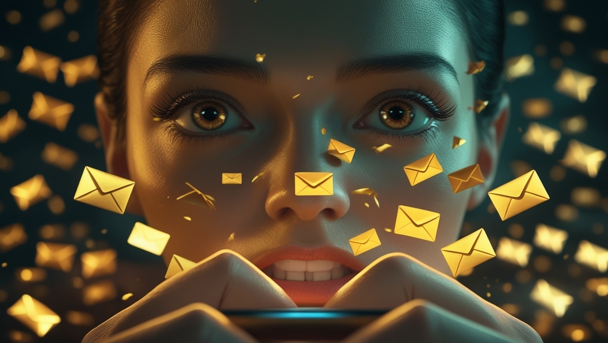 A woman staring anxiously at a flood of glowing golden emails, with wide eyes filled with urgency and hope.