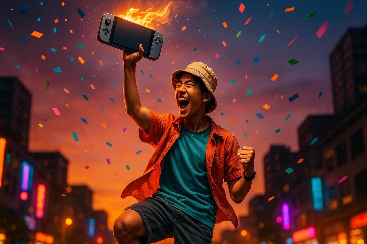 A euphoric young gamer celebrates at sunset, holding a flaming game console high, surrounded by flying confetti — capturing the joy of victory, the thrill of competition, and the vibrant energy of summer dreams.