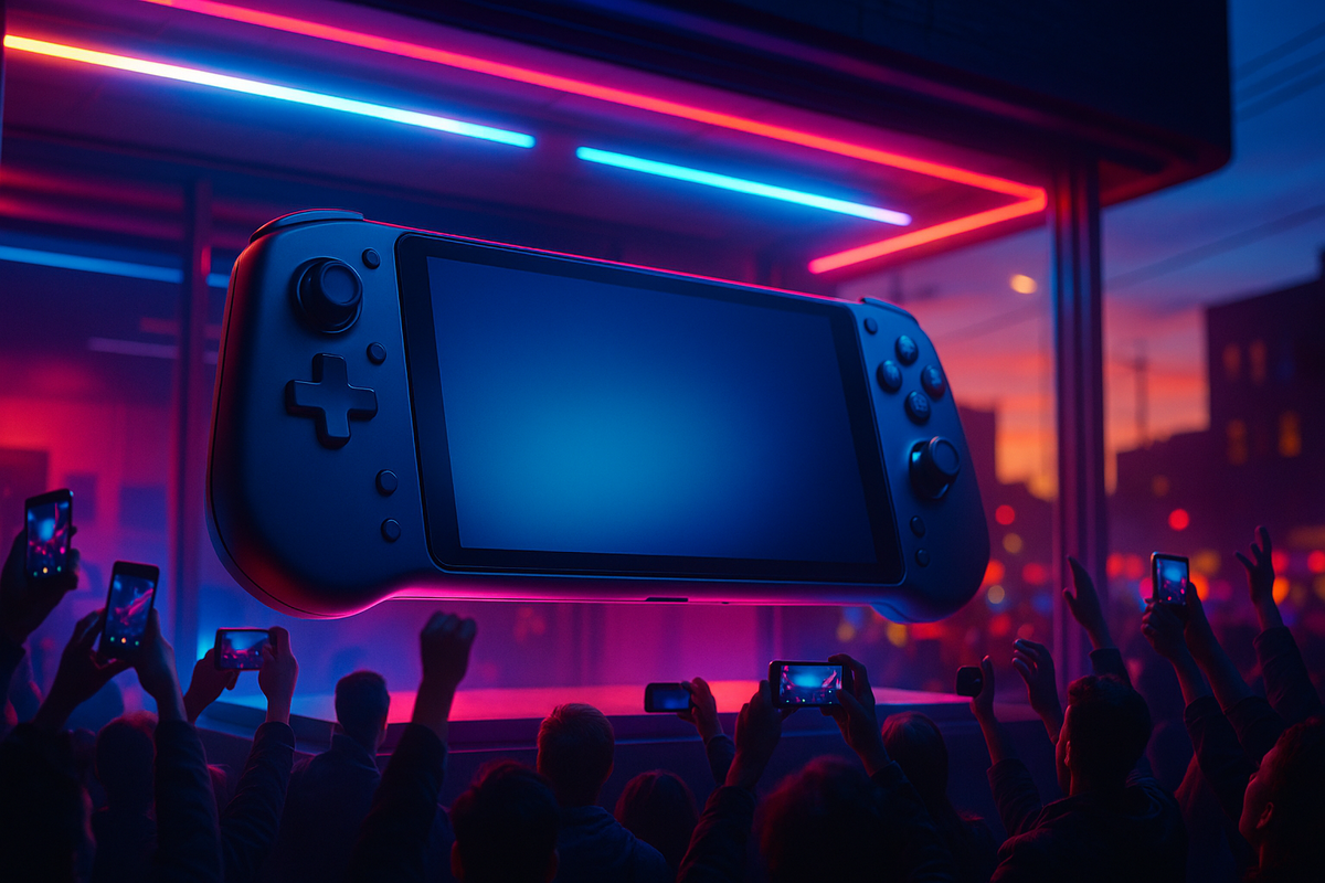 A crowd of excited gamers capturing the reveal of a futuristic handheld console glowing in vibrant neon at dusk, filled with anticipation and awe.