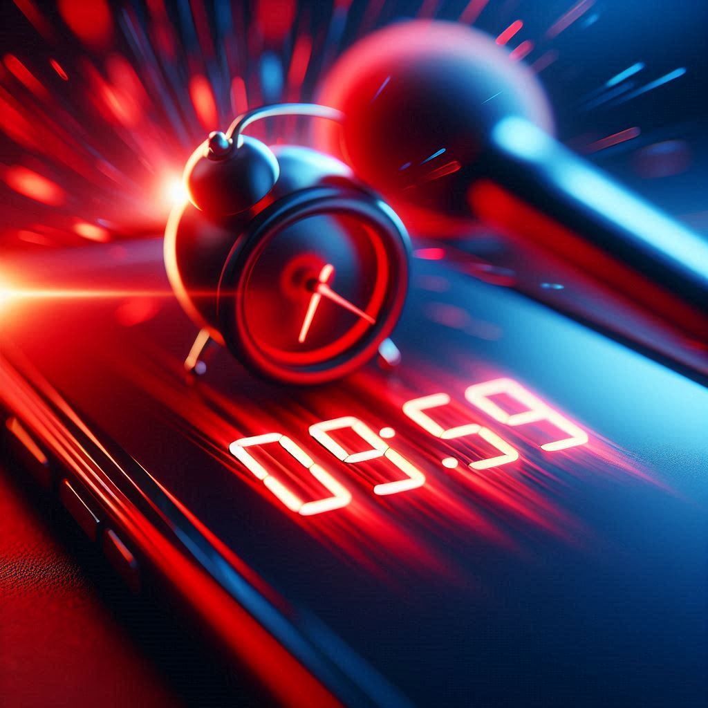 A glowing countdown on a smartphone reads 09:59, as a classic alarm clock explodes with urgency—capturing the intense final moments before a deadline