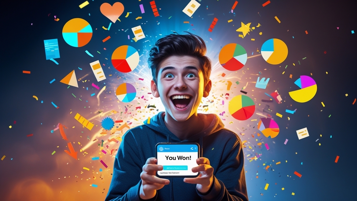 A young man explodes with joy as colorful data charts and confetti burst behind him, holding a phone that says ‘You Won!’—capturing pure surprise, delight, and digital triumph.