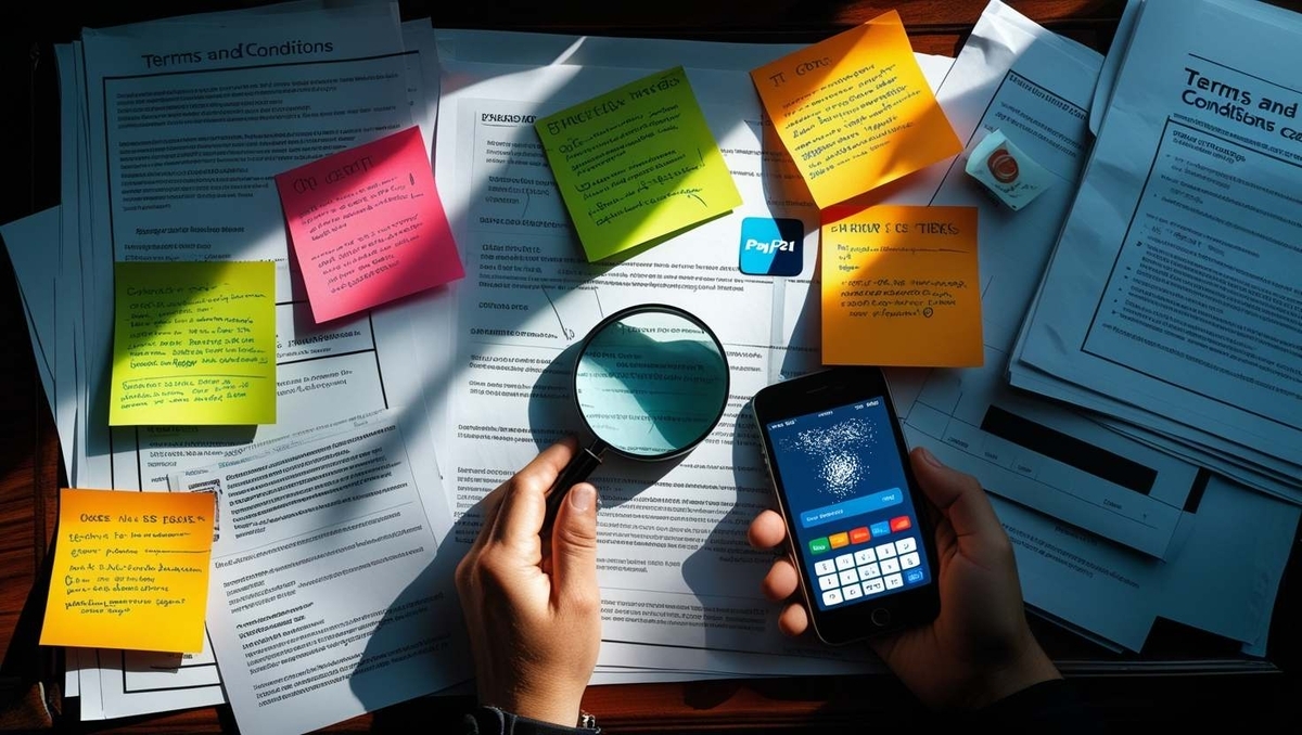 A person intensely examines terms and sticky notes with a magnifying glass, while holding a phone displaying PayPal — capturing the tension, urgency, and cautious analysis before a critical decision.