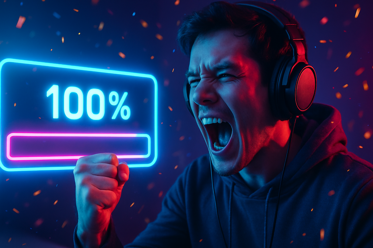Ecstatic gamer celebrating update completion with a loud cheer, fist raised in victory, glowing 100% progress bar in neon blue and pink, sparks flying in the air — pure joy and triumph in a digital moment