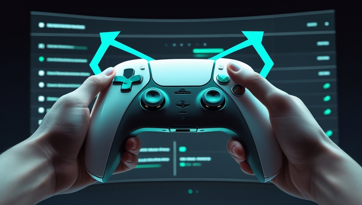 Focused hands gripping a glowing game controller in front of an update menu, bold teal arrows guiding the player through setup — a moment of readiness, precision, and anticipation