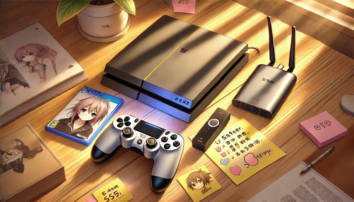 A cozy morning light shines on a neatly arranged gaming desk with a console, controller, external SSD, and handwritten to-do list — capturing a nostalgic yet hopeful moment of preparation before an epic update begins