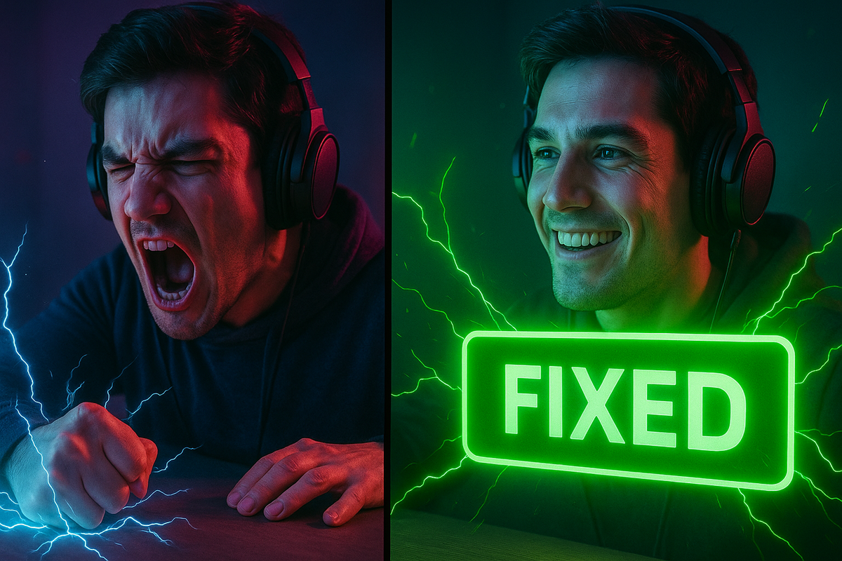Frustrated gamer slams fist in rage as his PS5 crashes, but moments later beams with joy as the screen flashes 'FIXED' — a dramatic transformation from chaos to calm.