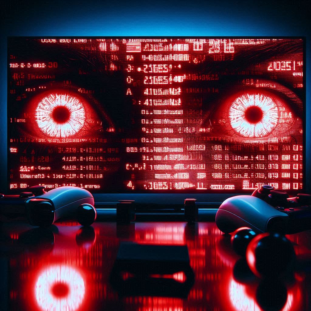 Terrifying glitch screen with glowing red eyes staring from PS5, flooded with corrupted code, broken controllers scattered — fear, panic, and helplessness in one haunting frame.