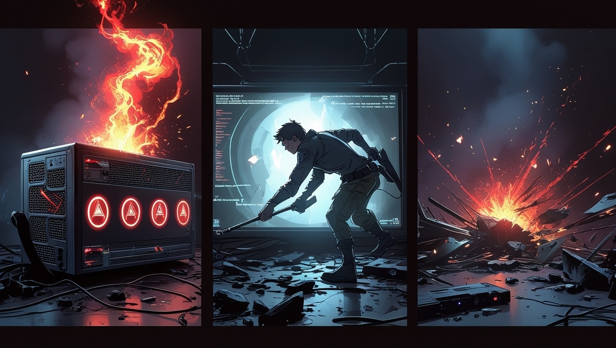 Emergency alert blazes as a console erupts in flames, a lone player scrambles for control, and a devastating explosion shatters the scene — panic, urgency, and raw adrenaline in motion.