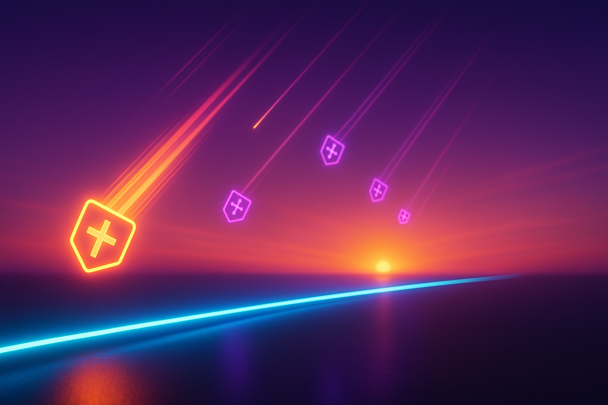 A wave of glowing neon shields streaks across a dreamy sunset sky, symbolizing a cascade of hope, healing, and protection in a digital world — warmth and serenity meet cyber resilience.
