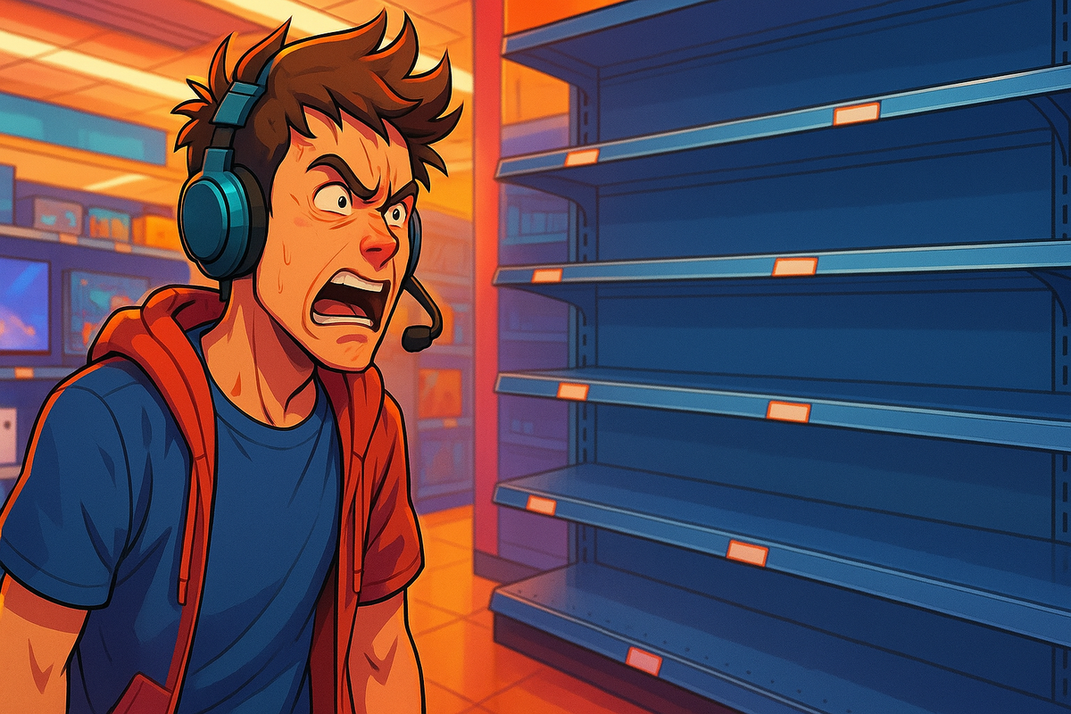 Frustrated gamer screaming in disbelief in front of empty store shelves, desperate and emotional reaction to console shortage, dramatic lighting and intense atmosphere