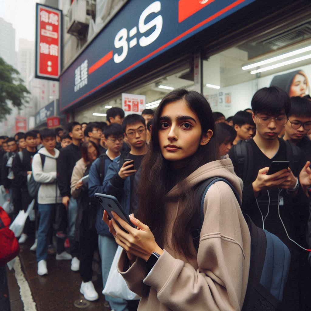 Determined shopper gripping her phone in a massive dawn queue, eyes filled with anxious hope amid a buzzing crowd, capturing the urgent frenzy of console restock day