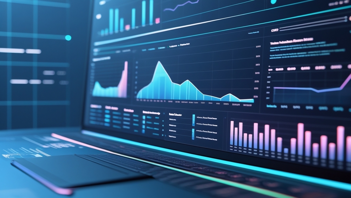 Futuristic data dashboard glowing with vibrant prediction charts, capturing the excitement and tension of forecasting tech trends with precision and urgency