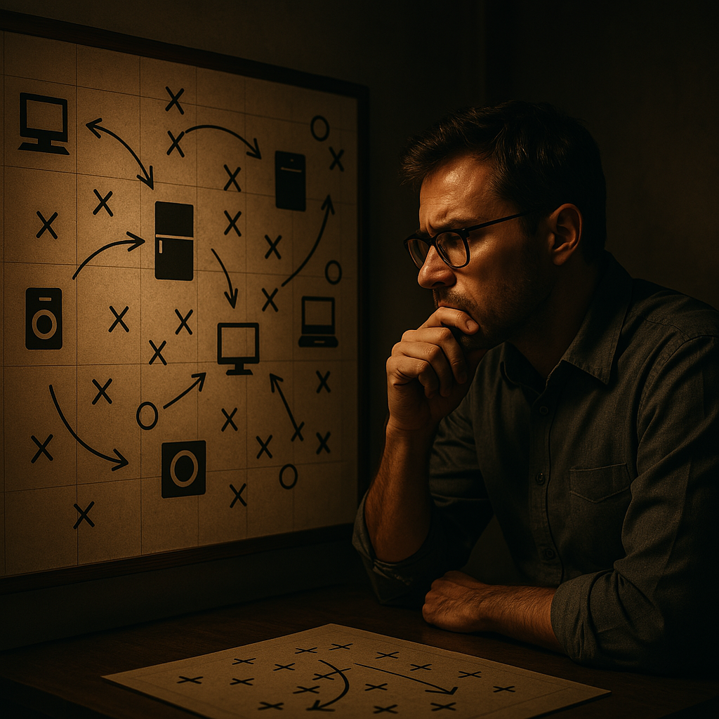 Thoughtful man deeply focused on a strategic plan of tech device icons, captured in warm light, reflecting the emotional tension of making the smartest buying move"