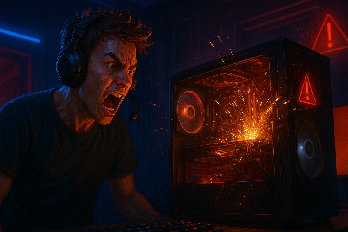 Furious gamer screams in disbelief as sparks erupt from a high-end PC, dramatic neon glow amplifying shock and frustration