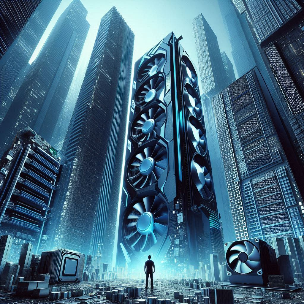 A lone gamer stands in awe before a towering GPU skyscraper, dwarfed by extreme performance demands and surreal scale — a moment of wonder, pressure, and quiet desperation.