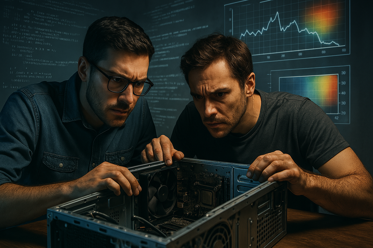 Two engineers stare anxiously into an open PC, decoding mysterious hardware failures with tension, focus, and a deep sense of urgency as performance graphs flicker behind them.