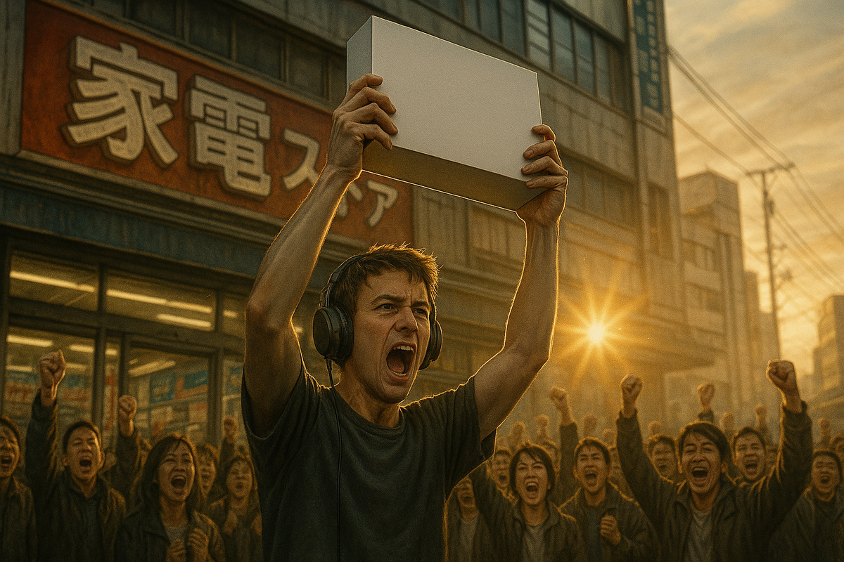 Ecstatic gamer triumphantly holding a newly won console box above a cheering crowd at sunrise in front of a retro Japanese electronics store — pure joy, adrenaline, and victory after the hunt.