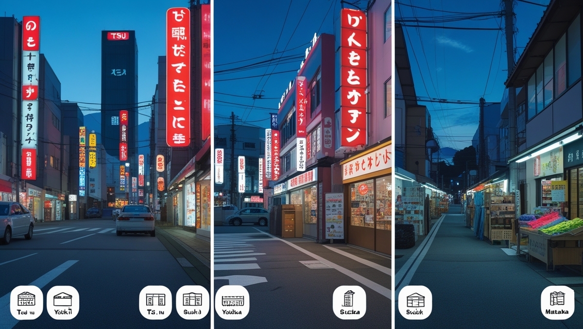 Quiet neon-lit streets across Tsu, Yokkaichi, Suzuka, and Matsusaka—each frame whispering anticipation and hidden chances for early-morning console hunters under the deep blue twilight.