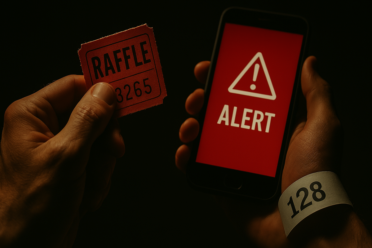 Tense close-up of hands gripping a red raffle ticket, alert-lit smartphone, and numbered wristband—capturing the raw urgency, thrill, and suspense of the console drop race.