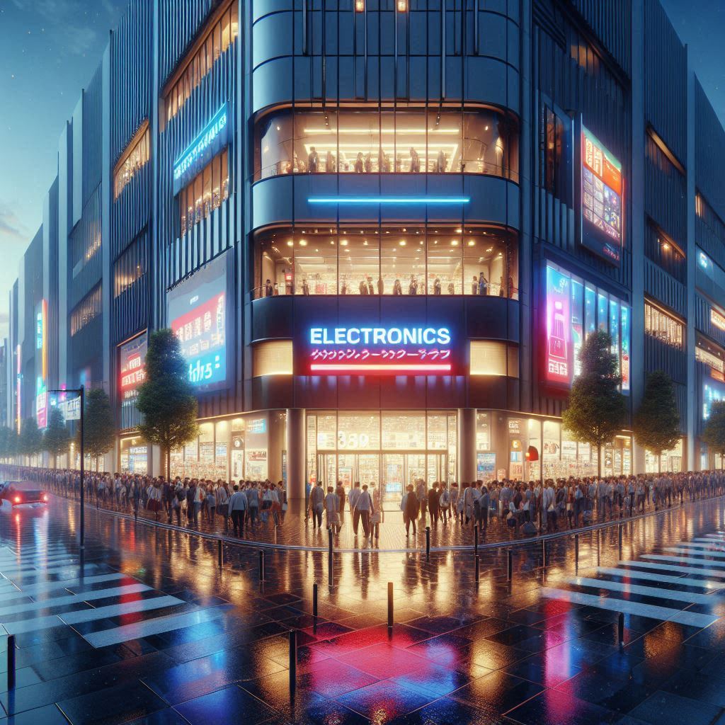 A massive line of eager customers surrounds a glowing electronics megastore on a rainy evening in Kumamoto, capturing the collective excitement and anticipation of a next-gen console launch — a vibrant moment of shared passion.