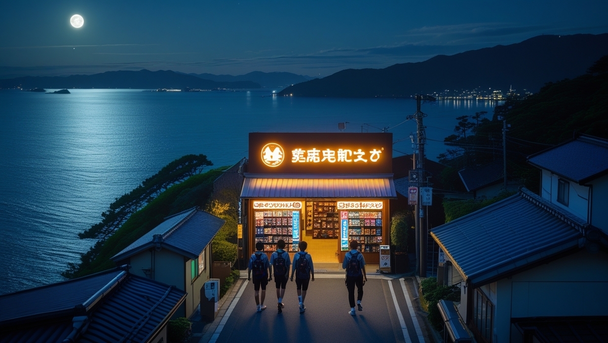 Under the luminous full moon, five hopeful young travelers walk toward a warmly lit electronics store by the sea in a peaceful coastal town, filled with anticipation, wonder, and the promise of discovery.