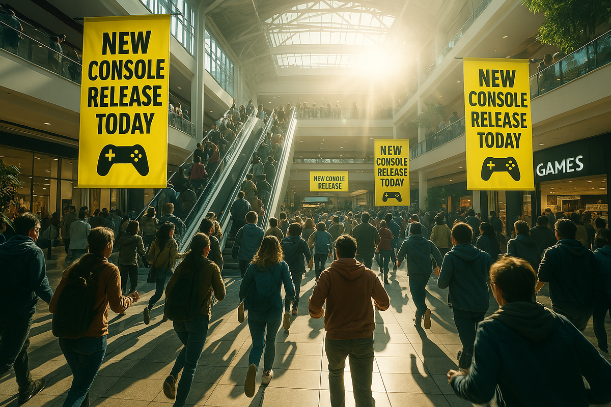 A massive crowd surges through a sunlit mall atrium under bold yellow banners announcing a new console release today, capturing the electric excitement, urgency, and shared anticipation of a historic gaming launch.