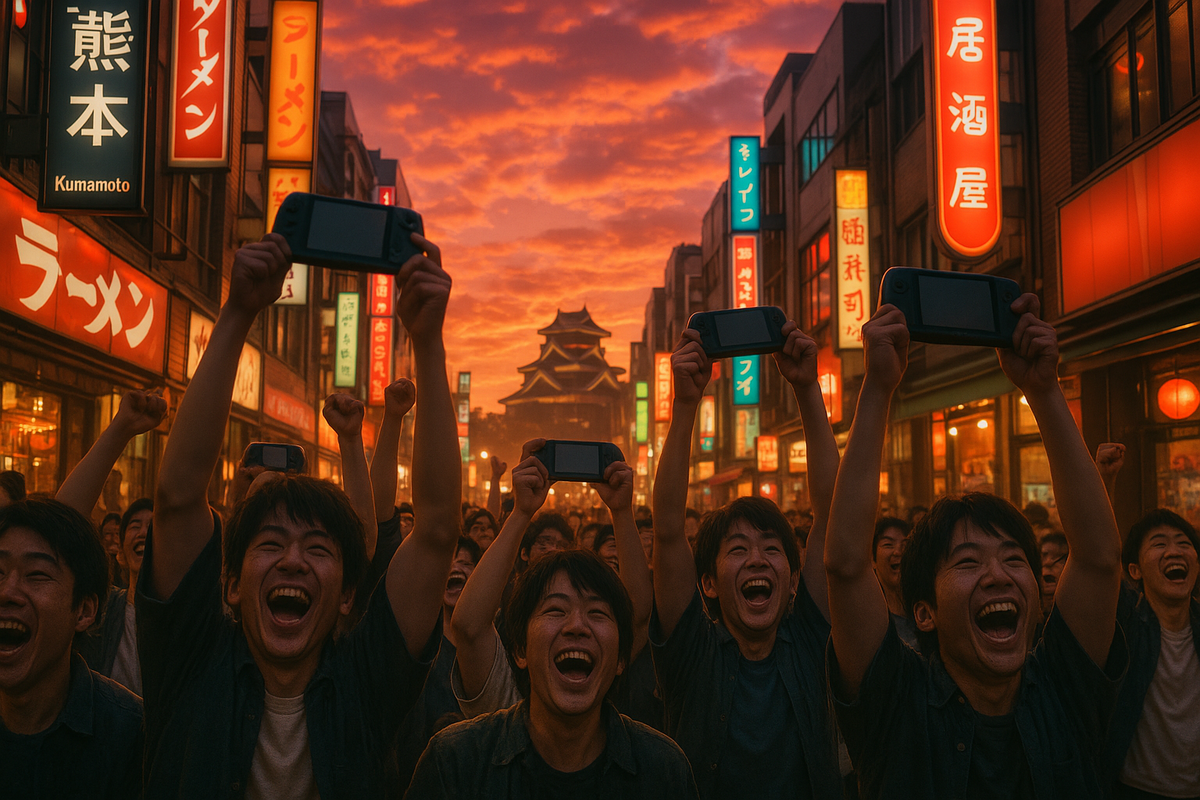 A euphoric crowd of young gamers celebrating at sunset in downtown Kumamoto, holding next-gen handheld consoles high in the air with pure joy and excitement, surrounded by neon-lit ramen shops and traditional Japanese buildings — a powerful scene of anticipation and victory