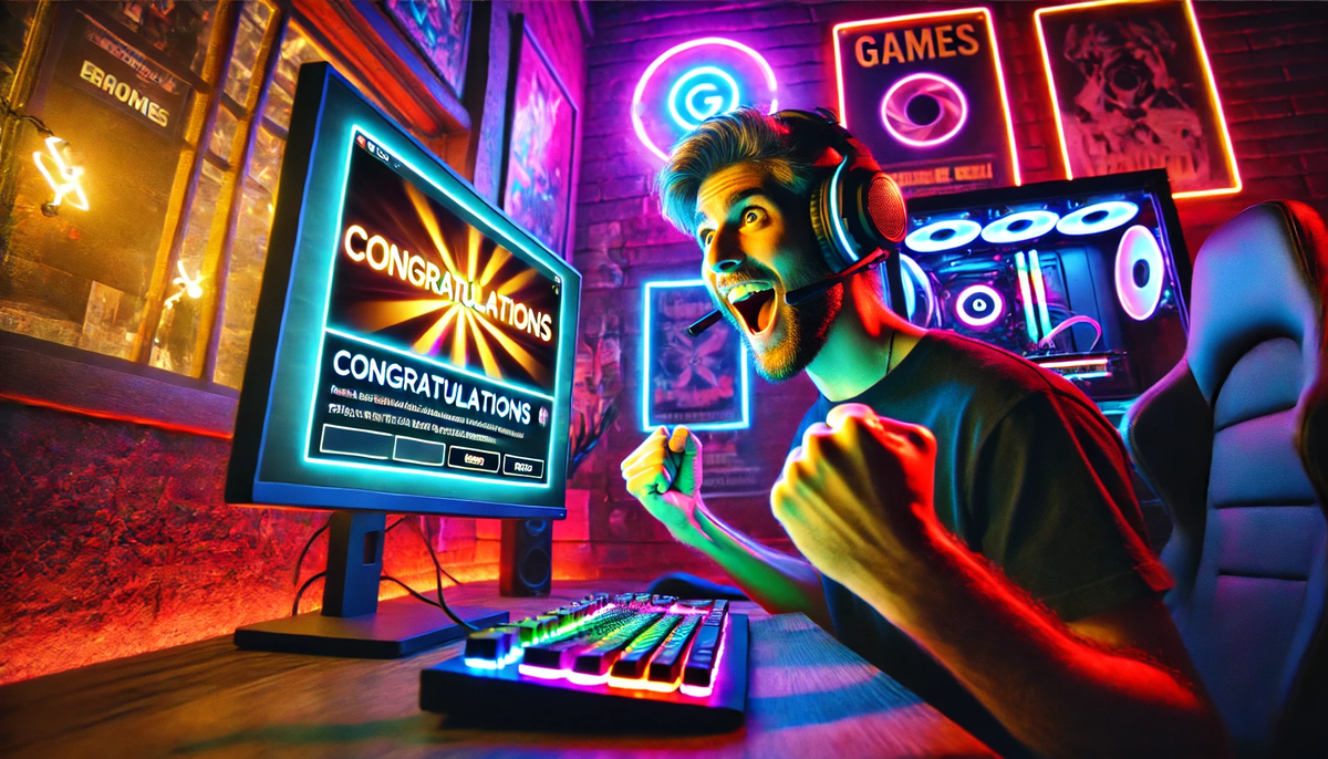 Ecstatic gamer bursting with joy after winning a lottery draw, eyes wide and fists clenched, neon lights glowing in a colorful gaming room — pure emotional victory.