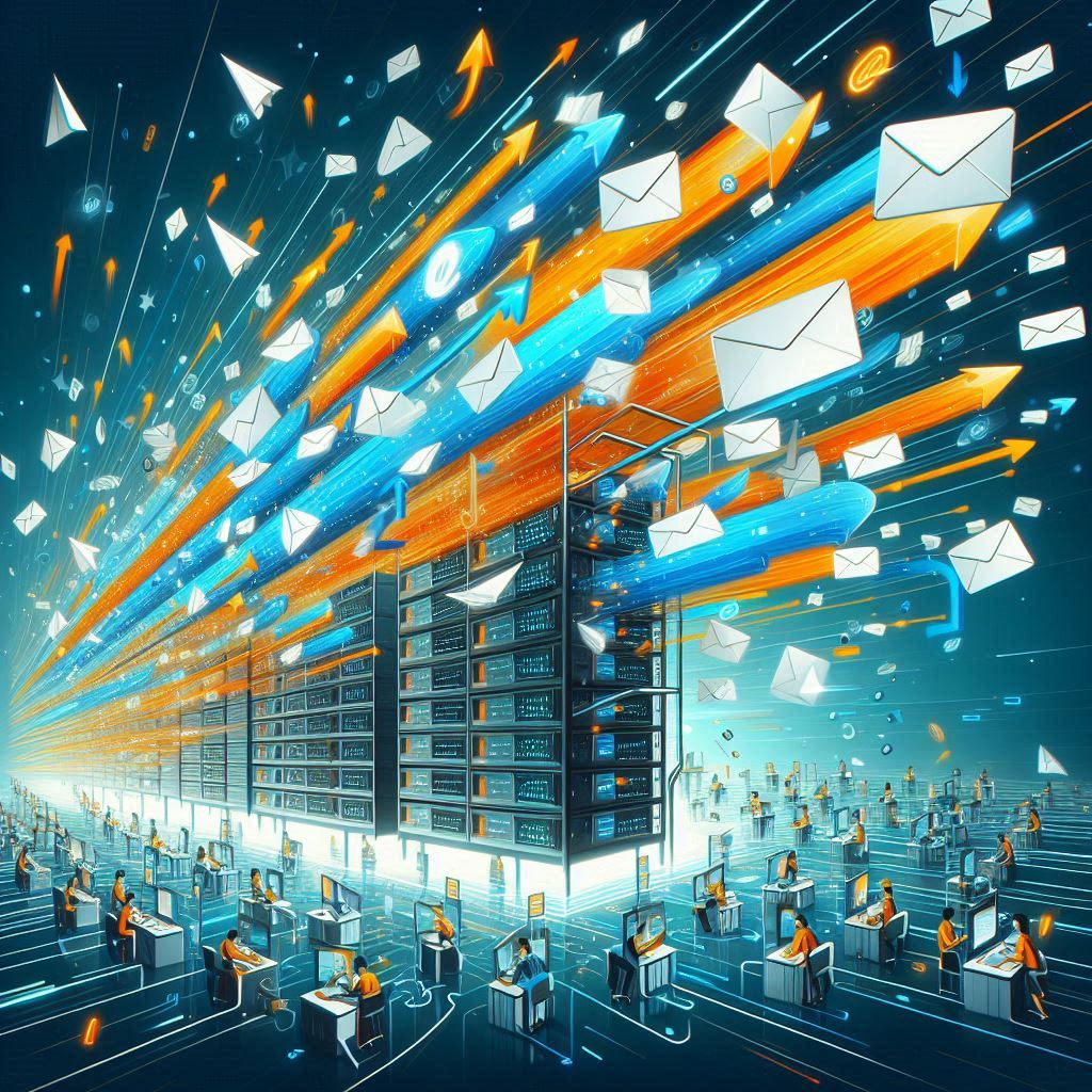 An overwhelming stream of digital messages bursting out from high-speed servers, symbolizing urgency, anticipation, and the emotional rush of incoming results.