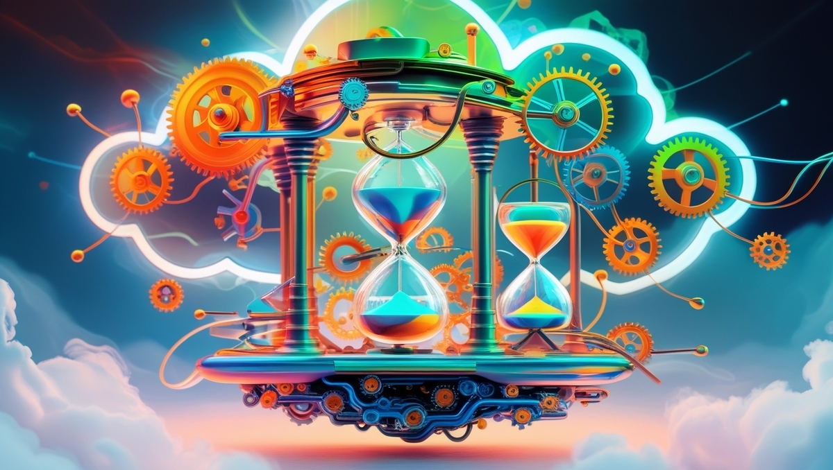 An enchanting fusion of glowing hourglasses and vibrant gears floating in the cloud, symbolizing the mysterious logic behind delayed notifications and the emotional weight of waiting.