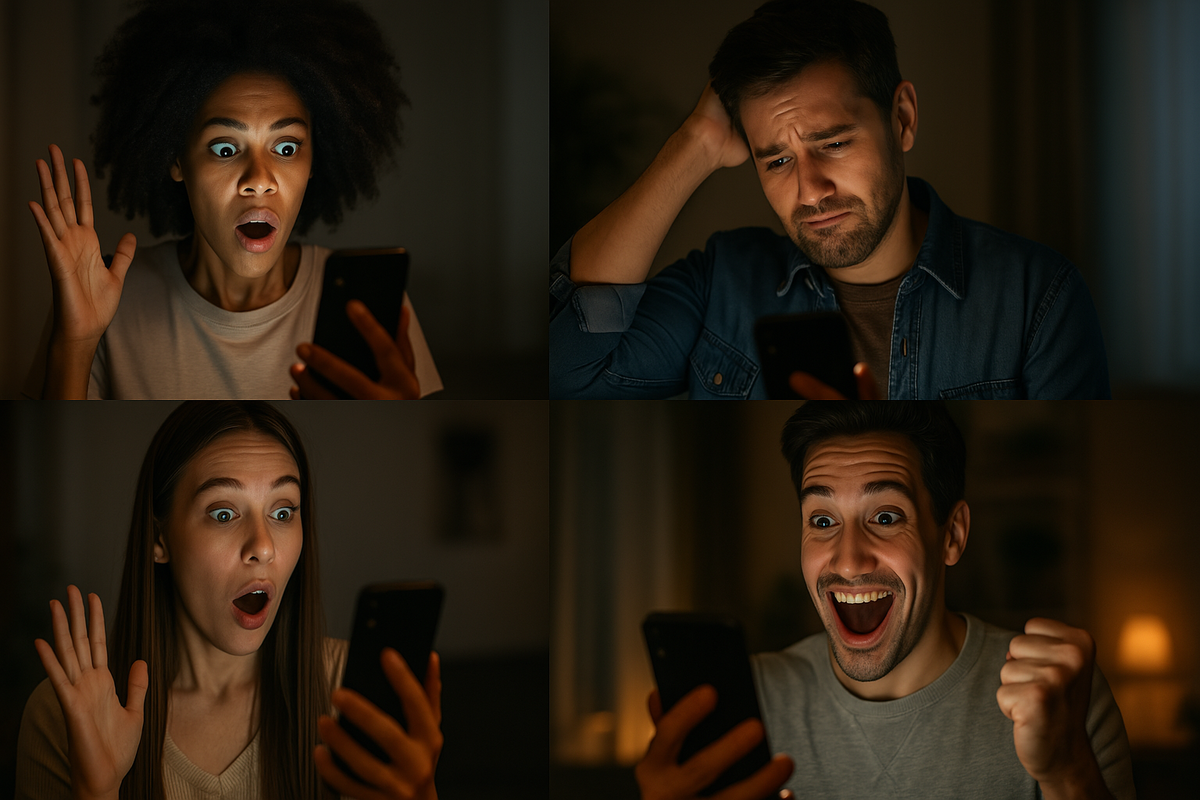A heartfelt collage of four people reacting emotionally to messages on their smartphones at night — shock, sadness, surprise, and pure joy — capturing the rollercoaster of anticipation when waiting for a winning notification.