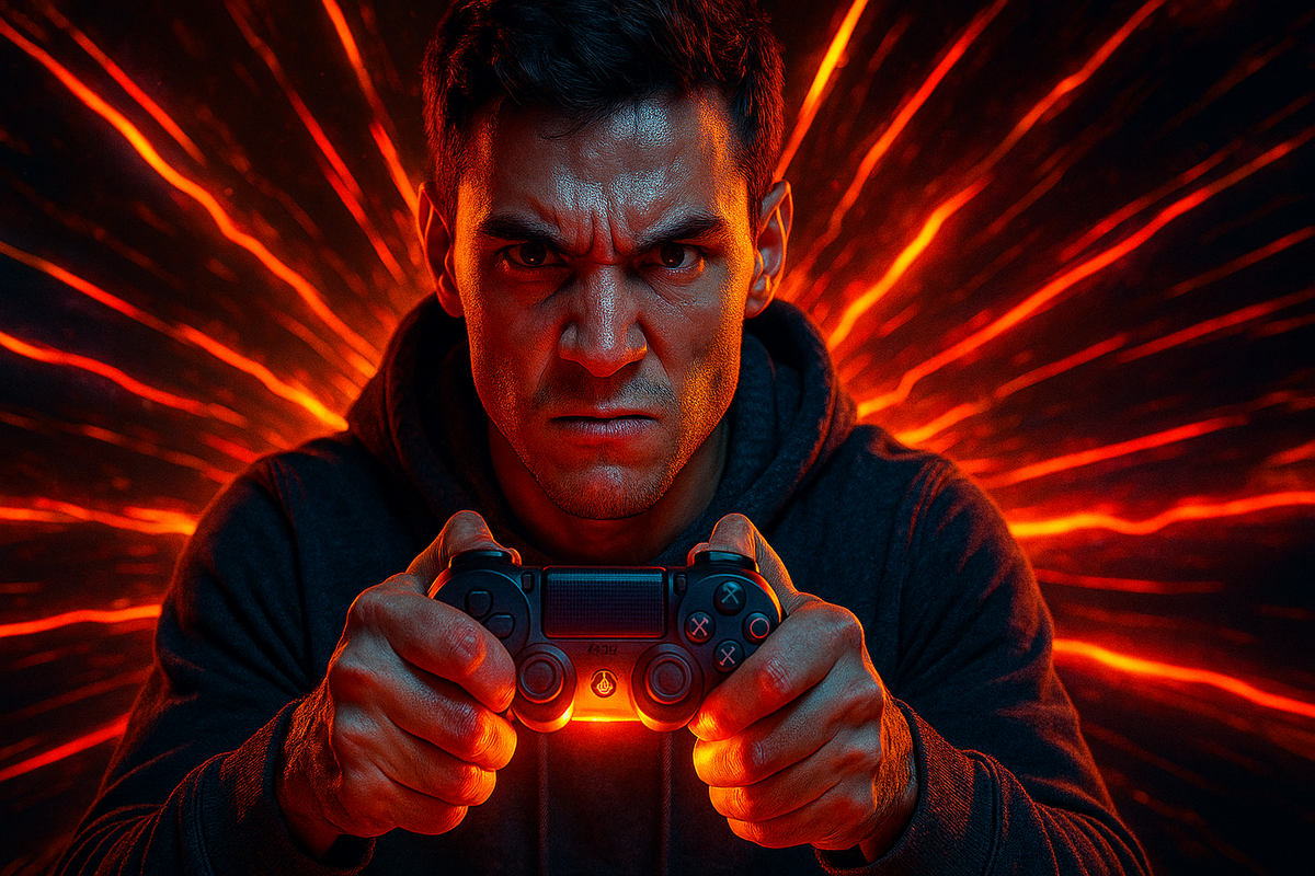 A fiercely determined gamer grips a glowing controller as blazing orange energy bursts, radiating raw adrenaline and unwavering resolve.