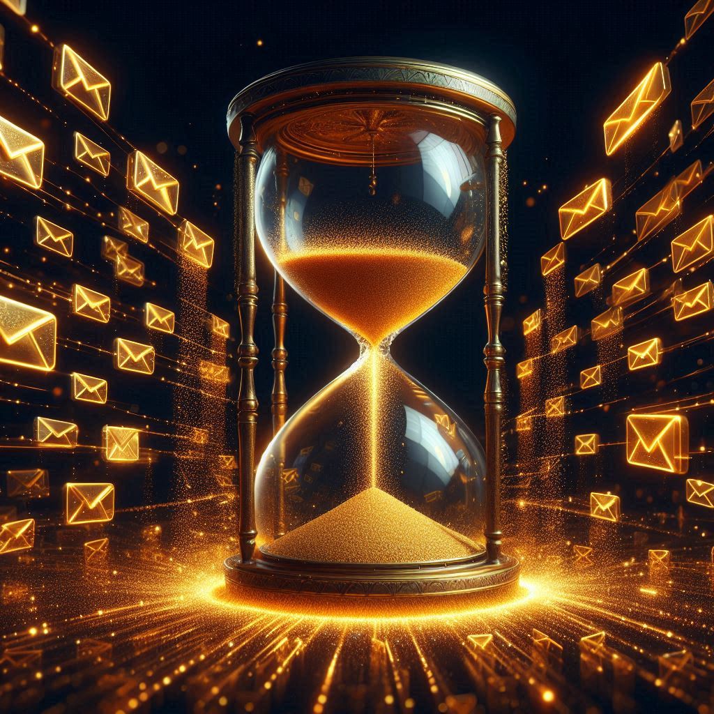 A glowing hourglass surrounded by golden email envelopes in motion, radiating anticipation, digital magic, and the thrill of an imminent reward.