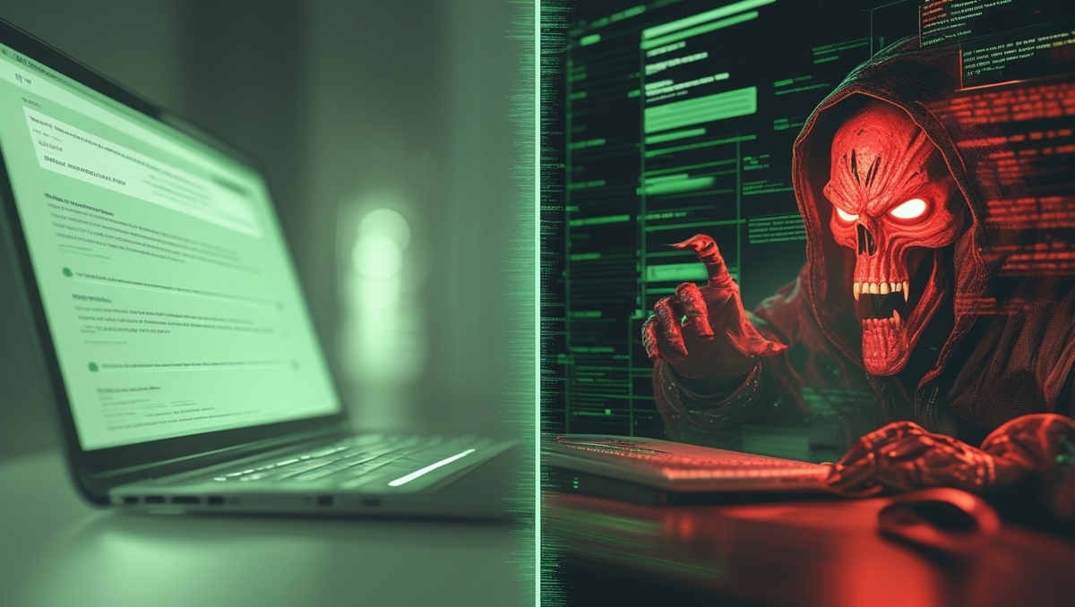 A terrifying red cyber demon emerging from code behind a laptop screen, symbolizing phishing threats, fear, and digital deception.