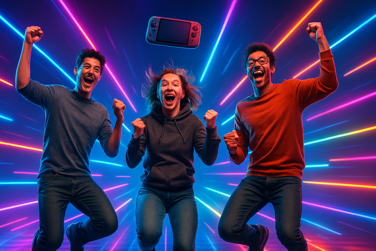 Overjoyed gamers leap into the air with pure excitement as vibrant neon lights explode behind them, a handheld console soaring above—capturing the thrill of finally winning after countless missed chances.