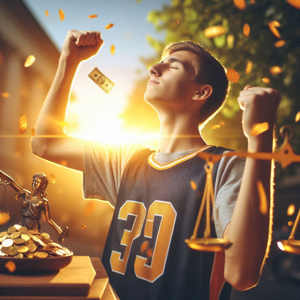 Triumphant gamer thrusts his fists skyward in radiant sunrise, golden ticket and gleaming justice scales sparkling around him—capturing the euphoric rush of finally winning through fair play after countless tries.