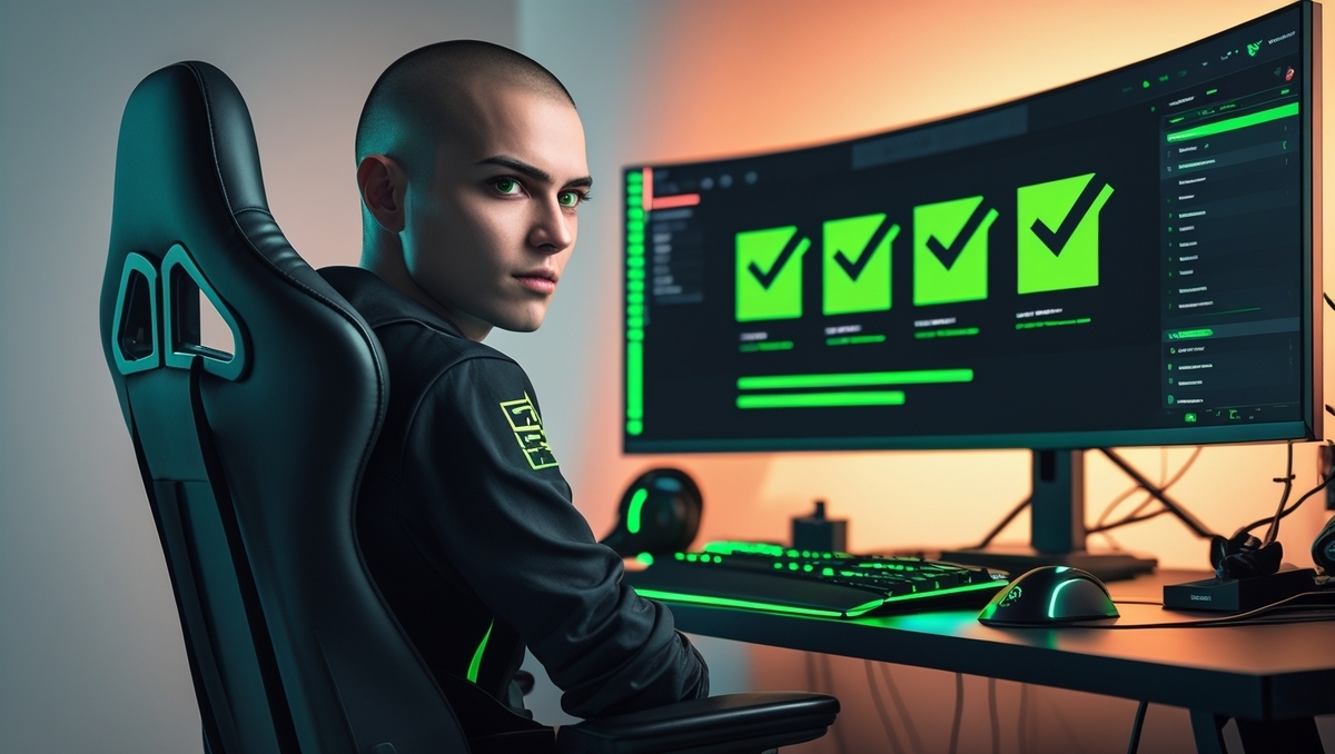 Laser-focused gamer locking eyes with determination as vivid green checkmarks light up across a glowing ultra-wide screen—every requirement cleared, every step conquered, and the prize finally within reach.