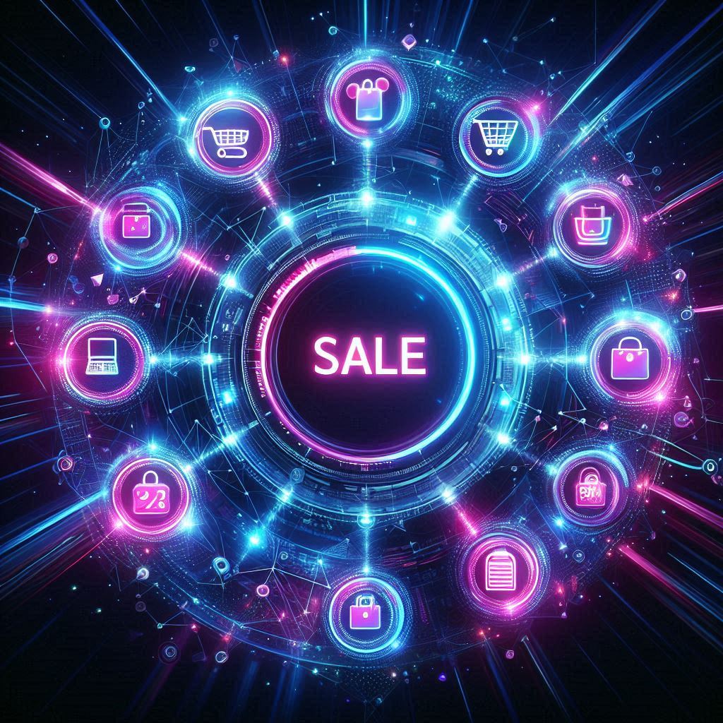 Electrifying neon wheel of eight glowing sale icons swirling around a blazing ‘SALE’ core, sparking instant hype and adrenaline for the next PlayStation Store deals.”
