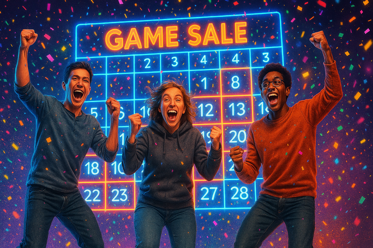 Ecstatic trio of gamers leap with triumphant fists as a neon ‘GAME SALE’ calendar blazes behind them, confetti raining down in an electric burst of hype and adrenaline-charged joy.”