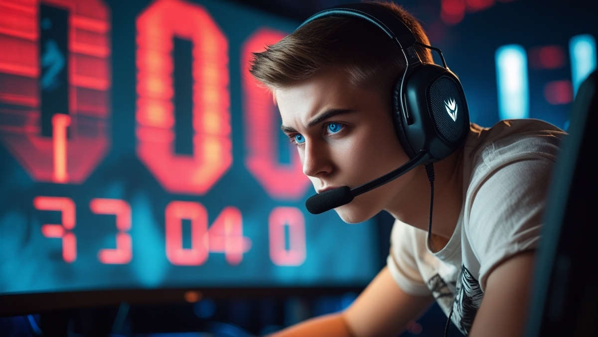 Intensely focused gamer leans into the final countdown, neon scoreboard blazing behind—eyes locked with fierce resolve as adrenaline surges before the ultimate sale drop