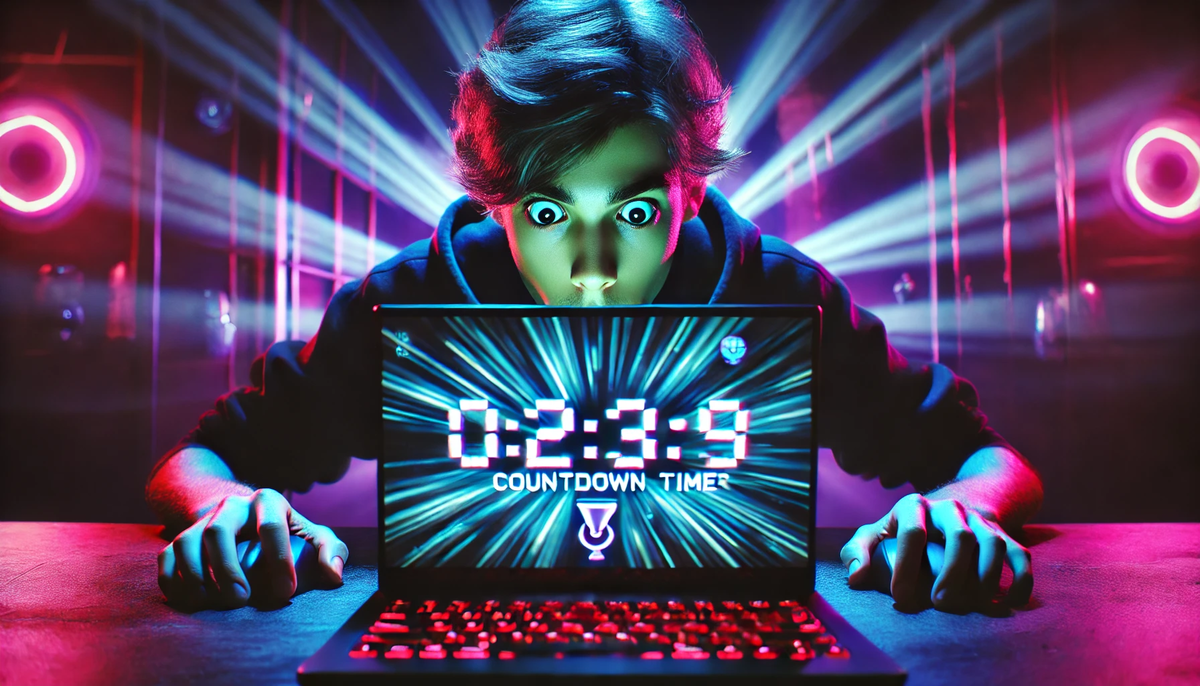 A young gamer frozen in shock, staring intensely at a countdown timer on a glowing laptop screen, surrounded by dramatic neon lights — a race against time filled with urgency, pressure, and thrill.