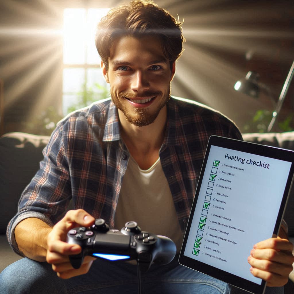 A smiling gamer holding a checklist and controller, bathed in morning light — a perfect blend of readiness, joy, and the thrill of being one step closer to winning.