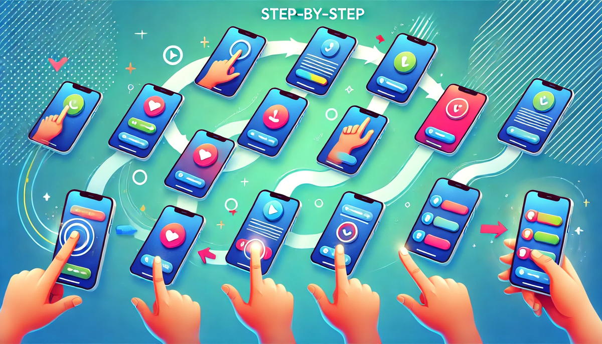 A vivid step-by-step smartphone tutorial flowing with joy and clarity — each tap and swipe guided by playful arrows and glowing buttons, evoking ease, excitement, and a sense of progress.
