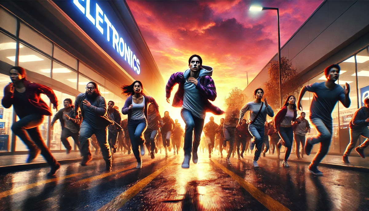 A surge of determined shoppers sprinting down a rain-slick street toward a glowing store at sunrise, faces blazing with adrenaline, urgency, and wild hope.