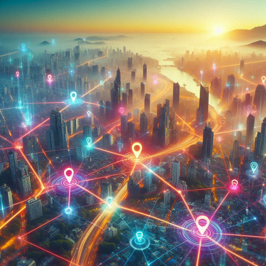 A radiant sunrise over a futuristic city glowing with hope and energy, as colorful location pins pulse across the skyline like beacons of opportunity.