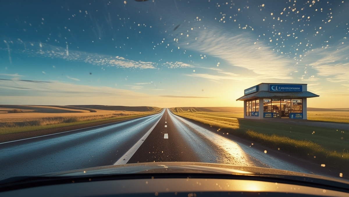 A breathtaking golden sunrise lights up a wet highway stretching into infinity, with a mysterious roadside electronics store glowing with opportunity — capturing the thrill of the unexpected.”
