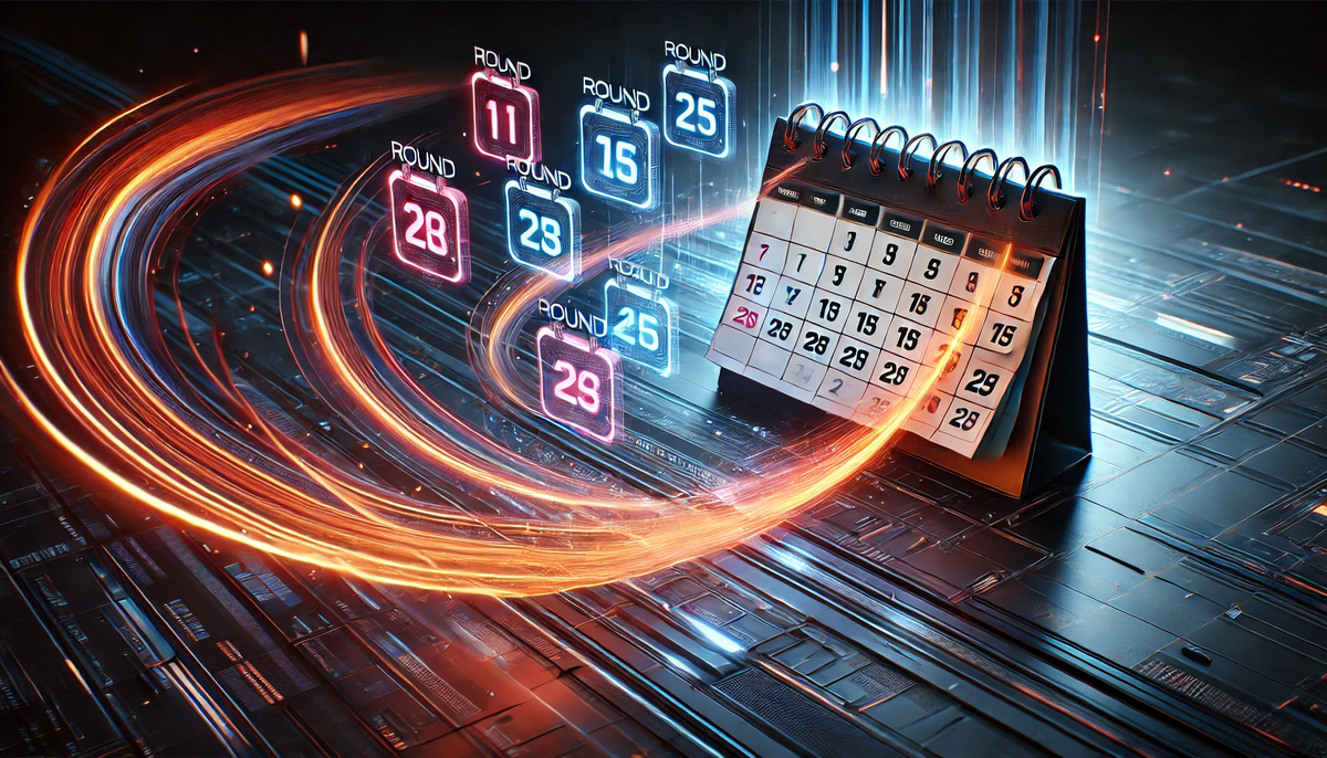 A futuristic calendar glowing with energy, showing critical dates from multiple lottery rounds. Time flows like fire—don't miss your chance.